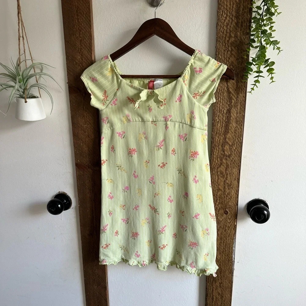 Vintage Gymboree Girl’s Peasant Front Floral Green Dress Pink Accents Size 6
